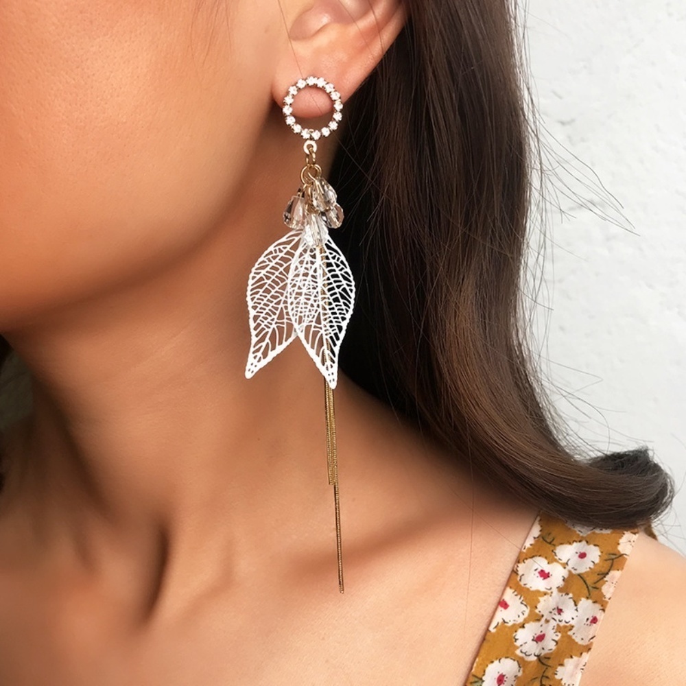 *CIJI* Gold Gem x Leaf Fashion Dangle Earrings